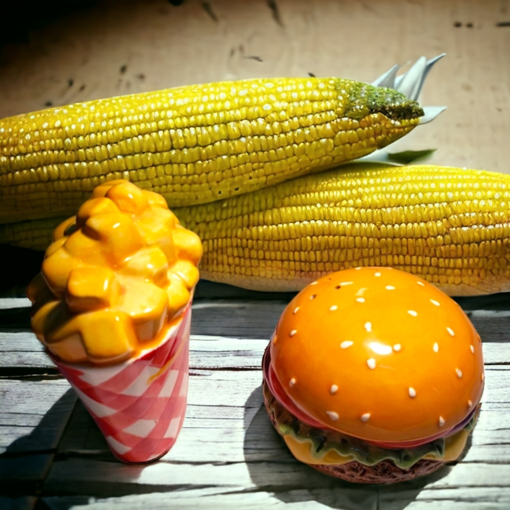 Vintage Clay Art Grill Time Handpainted Hamburger & Fries Salt/Pepper Set (2007)